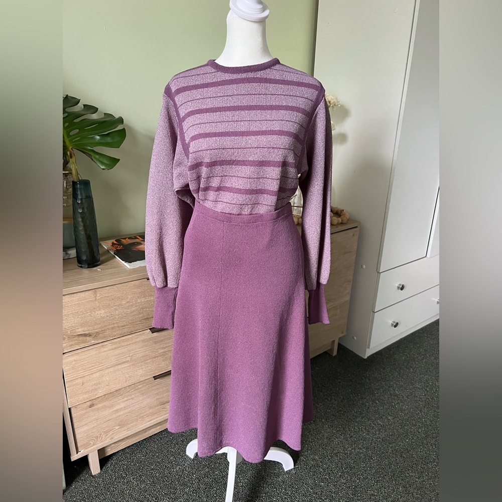 Vintage Pastel Purple Balloon Sleeve Striped Relaxed Fit Knit Modest Sweater M - Picture 10 of 16